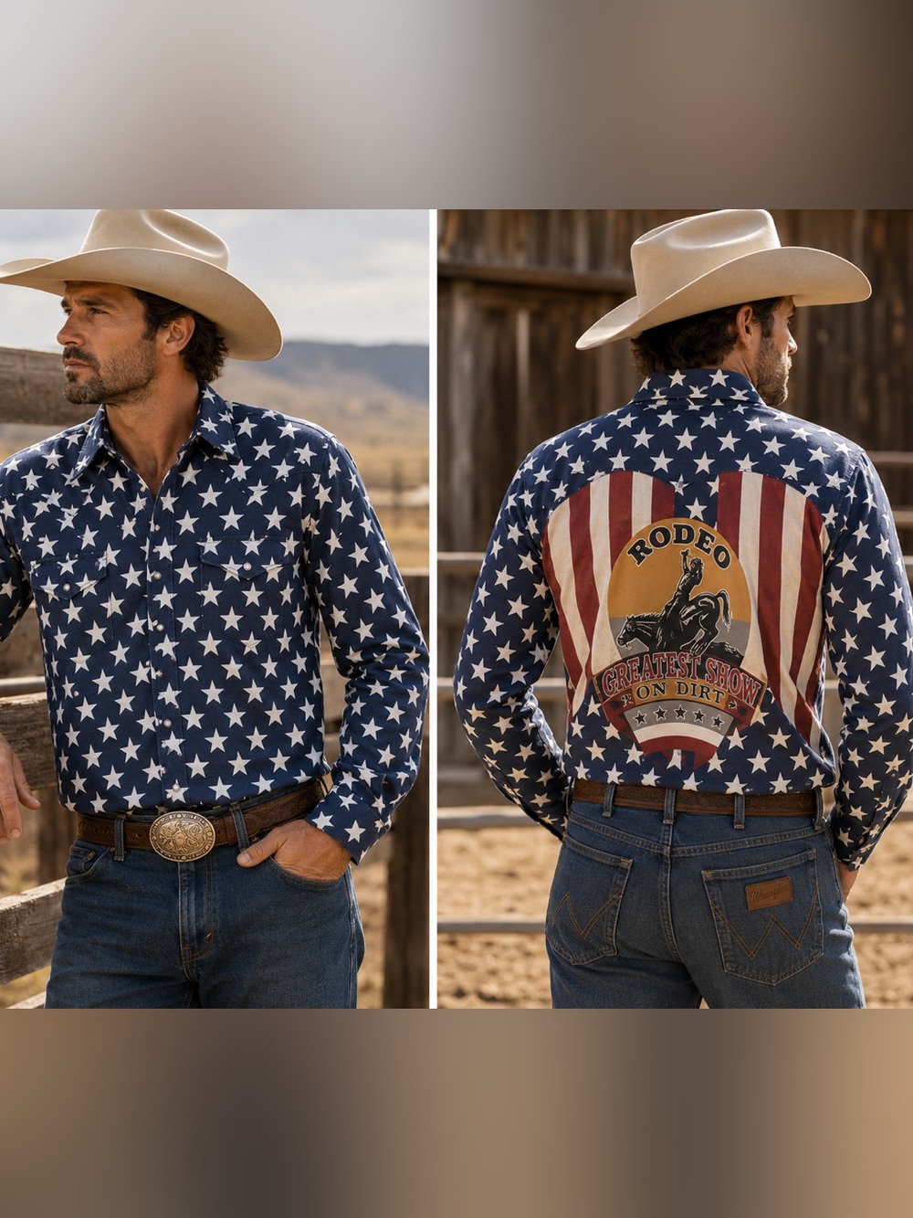 Vintage Wrangler Brushpopper Shirt Rodeo Western Sz 16 1/2 Stars Stripes Cowboy